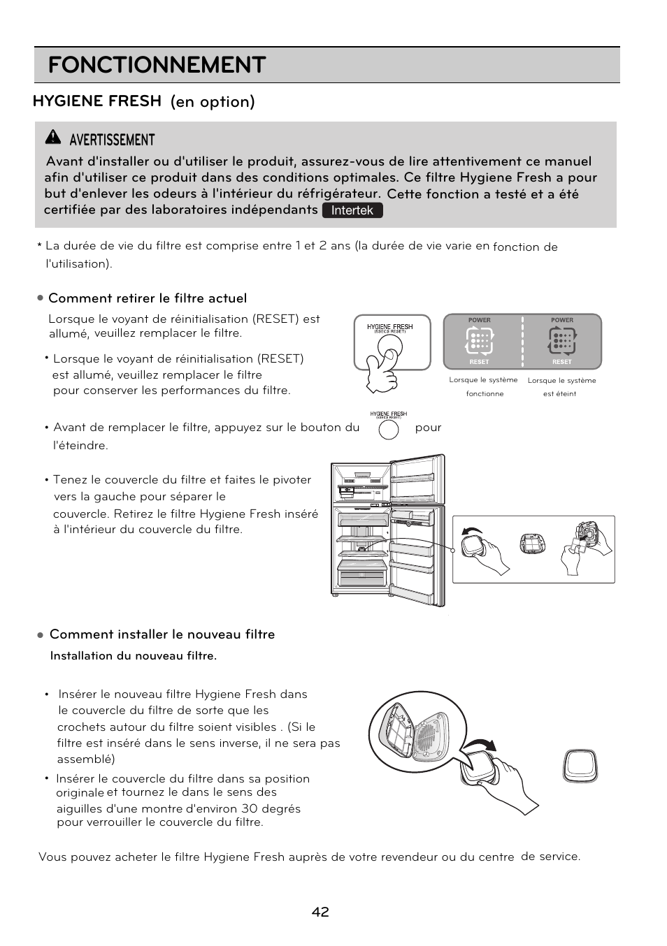 Fonctionnement, En option) avertissement w w, Hygiene fresh | LG GRD7514NS User Manual | Page 42 / 80