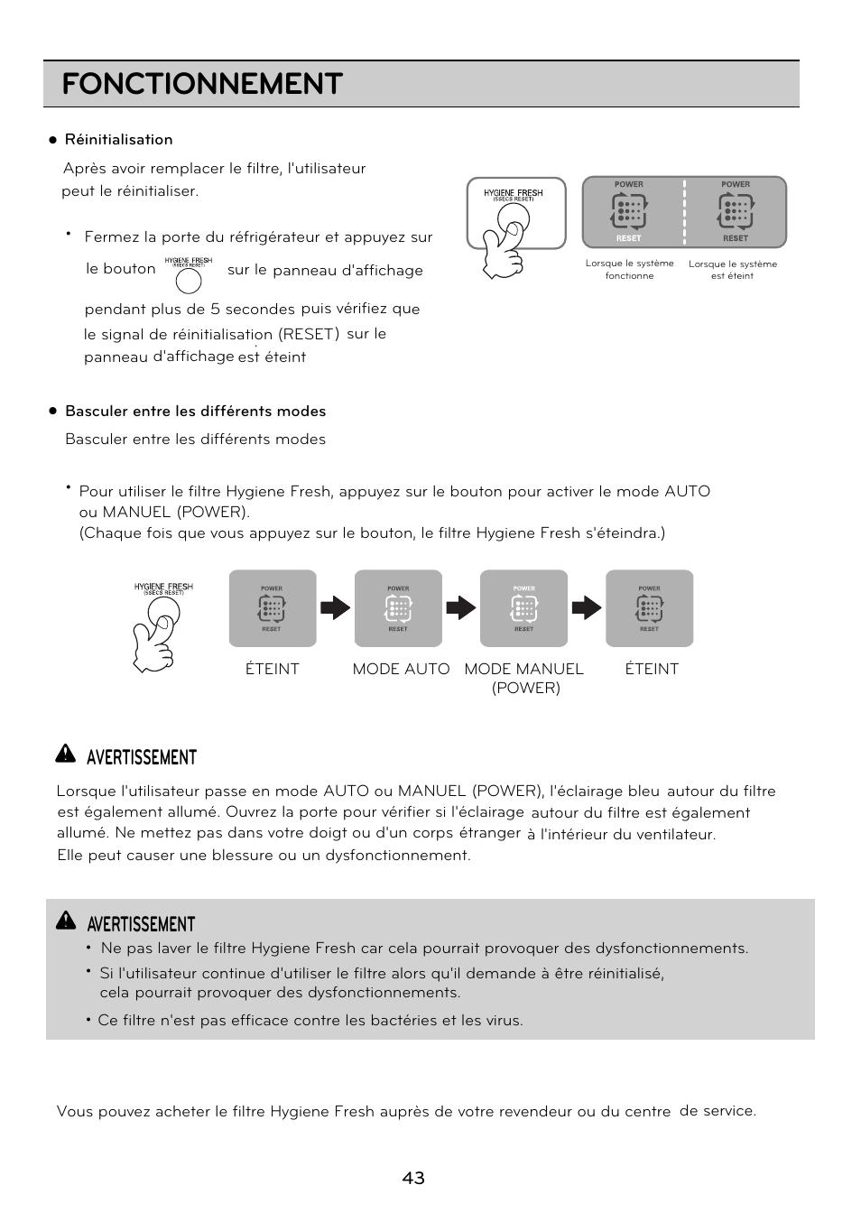 Fonctionnement, Avertissement w w, Wavertissement | LG GRD7514NS User Manual | Page 43 / 80