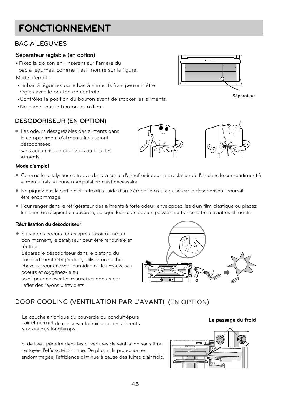 Fonctionnement, Bac à legumes, Desodoriseur (en option) | Door cooling (ventilation par l'avant) (en option) | LG GRD7514NS User Manual | Page 45 / 80