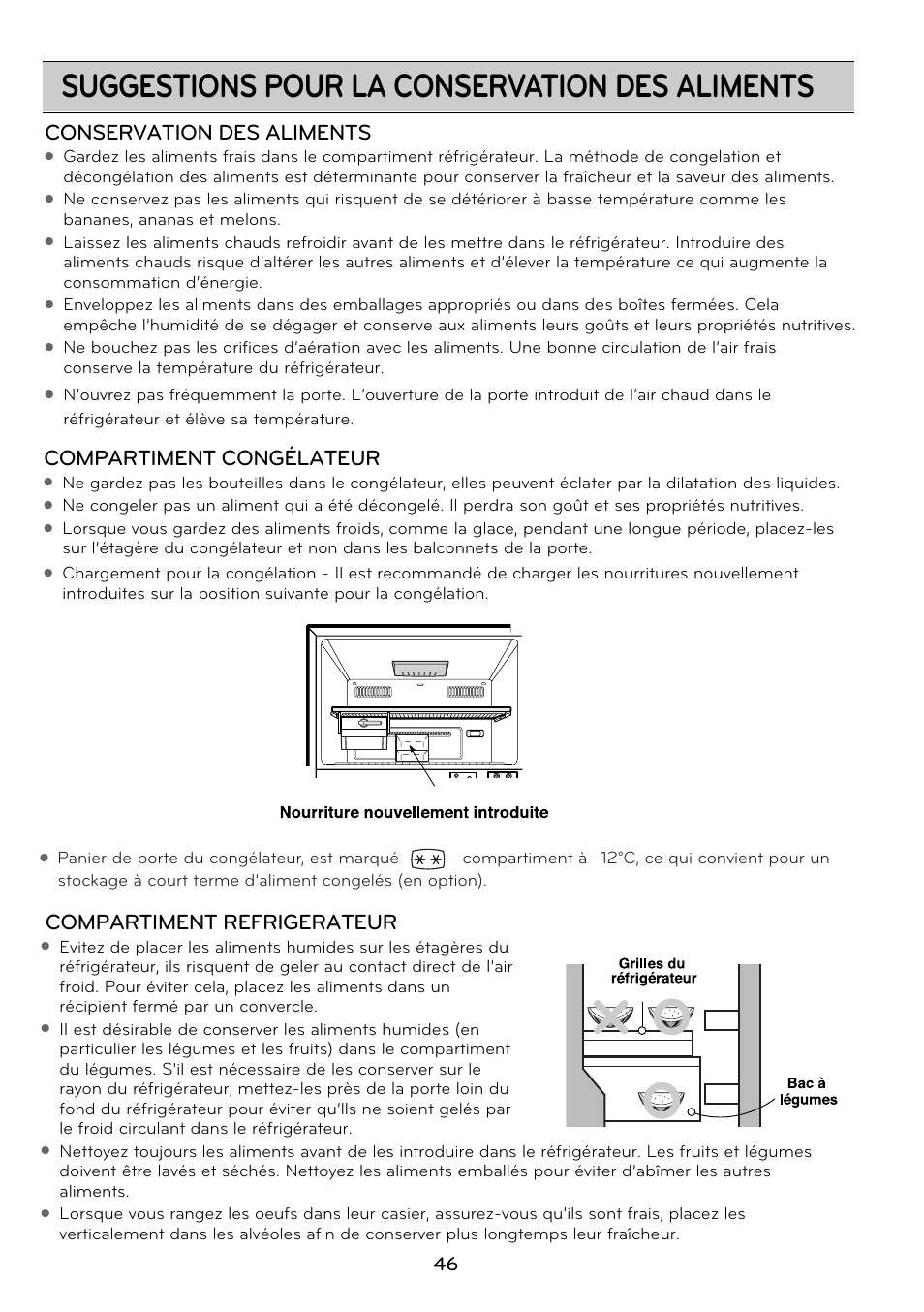 Suggestions pour la conservation des aliments, Compartiment congélateur, Conservation des aliments | Compartiment refrigerateur | LG GRD7514NS User Manual | Page 46 / 80