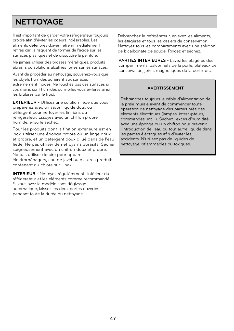 Nettoyage | LG GRD7514NS User Manual | Page 47 / 80