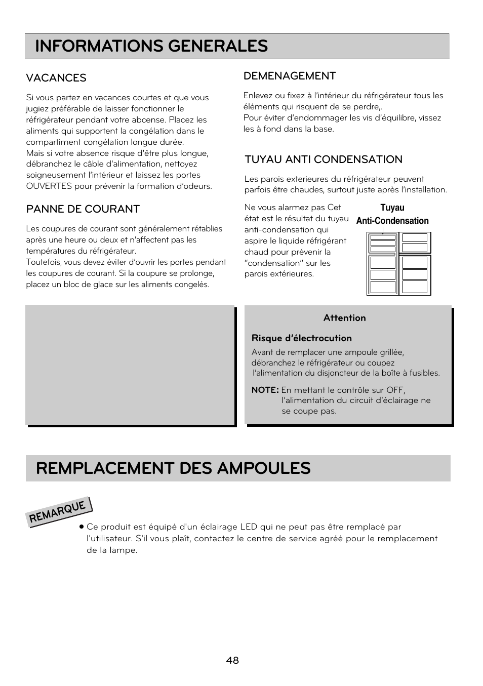 Informations generales, Remplacement des ampoules, Ampoule du réfrigérateur | Vacances tuyau anti condensation, Panne de courant, Demenagement, Remarque | LG GRD7514NS User Manual | Page 48 / 80