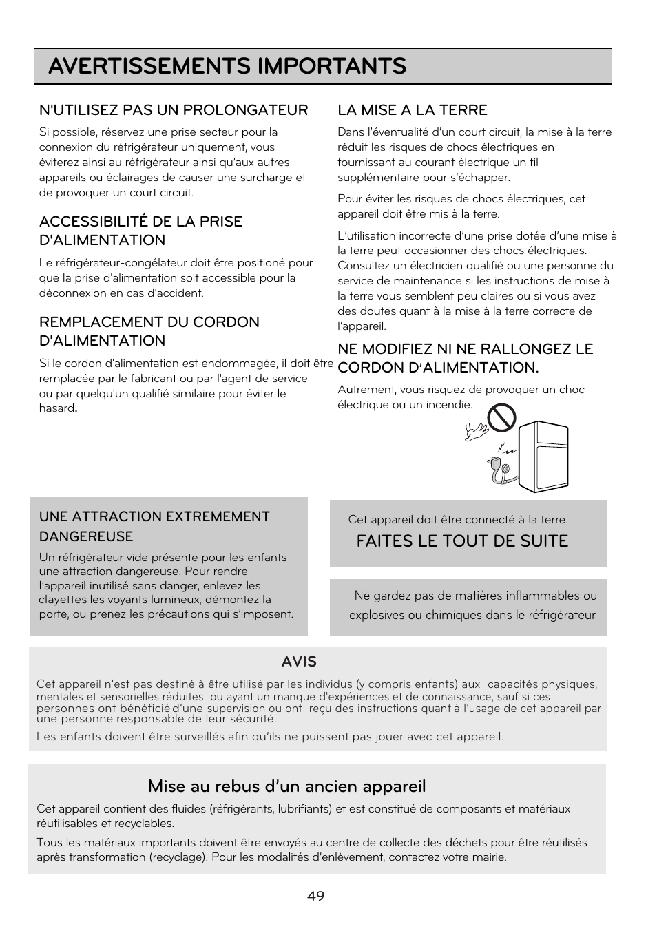 Avertissements importants, Mise au rebus d’un ancien appareil, Faites le tout de suite | LG GRD7514NS User Manual | Page 49 / 80