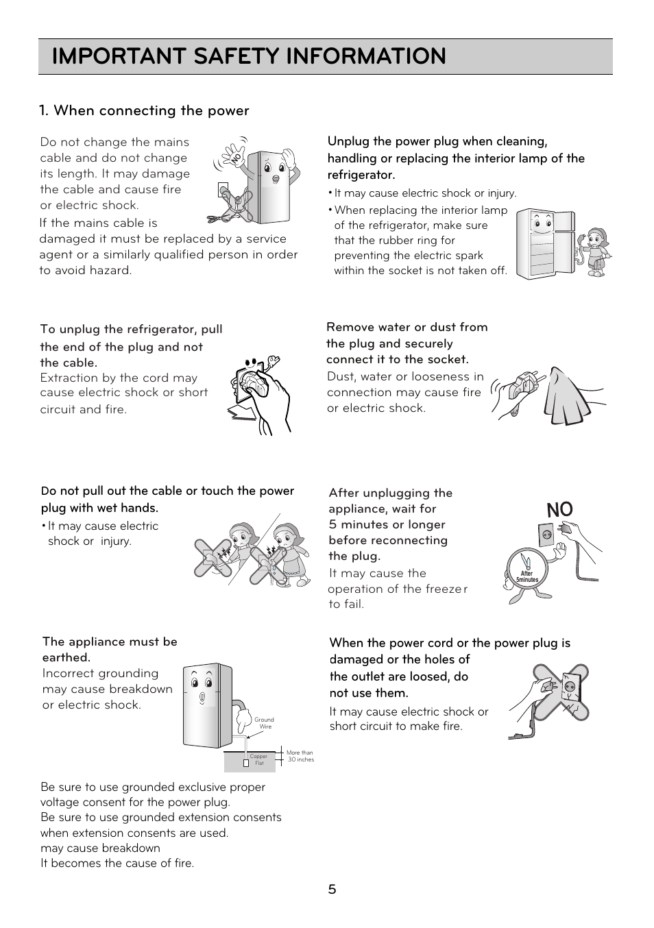 Important safety information, When connecting the power | LG GRD7514NS User Manual | Page 5 / 80