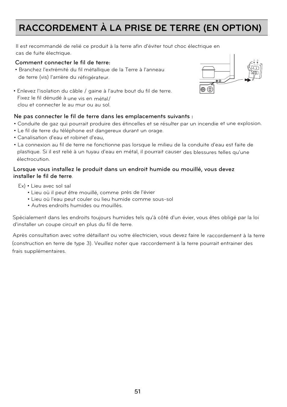 Raccordement à la prise de terre (en option) | LG GRD7514NS User Manual | Page 51 / 80