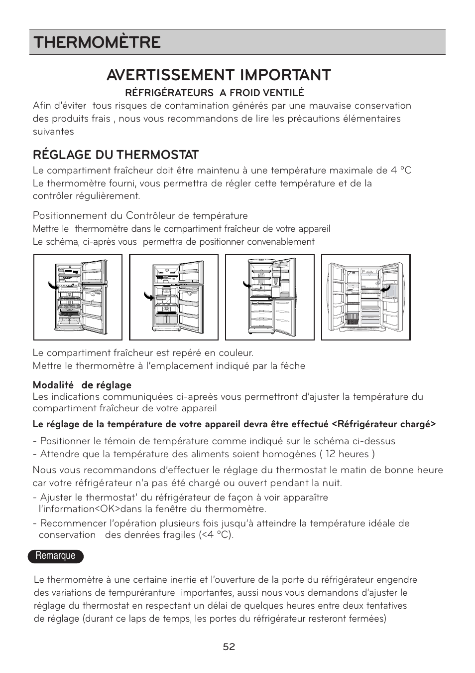 Thermomètre, Avertissement important, Réglage du thermostat | LG GRD7514NS User Manual | Page 52 / 80