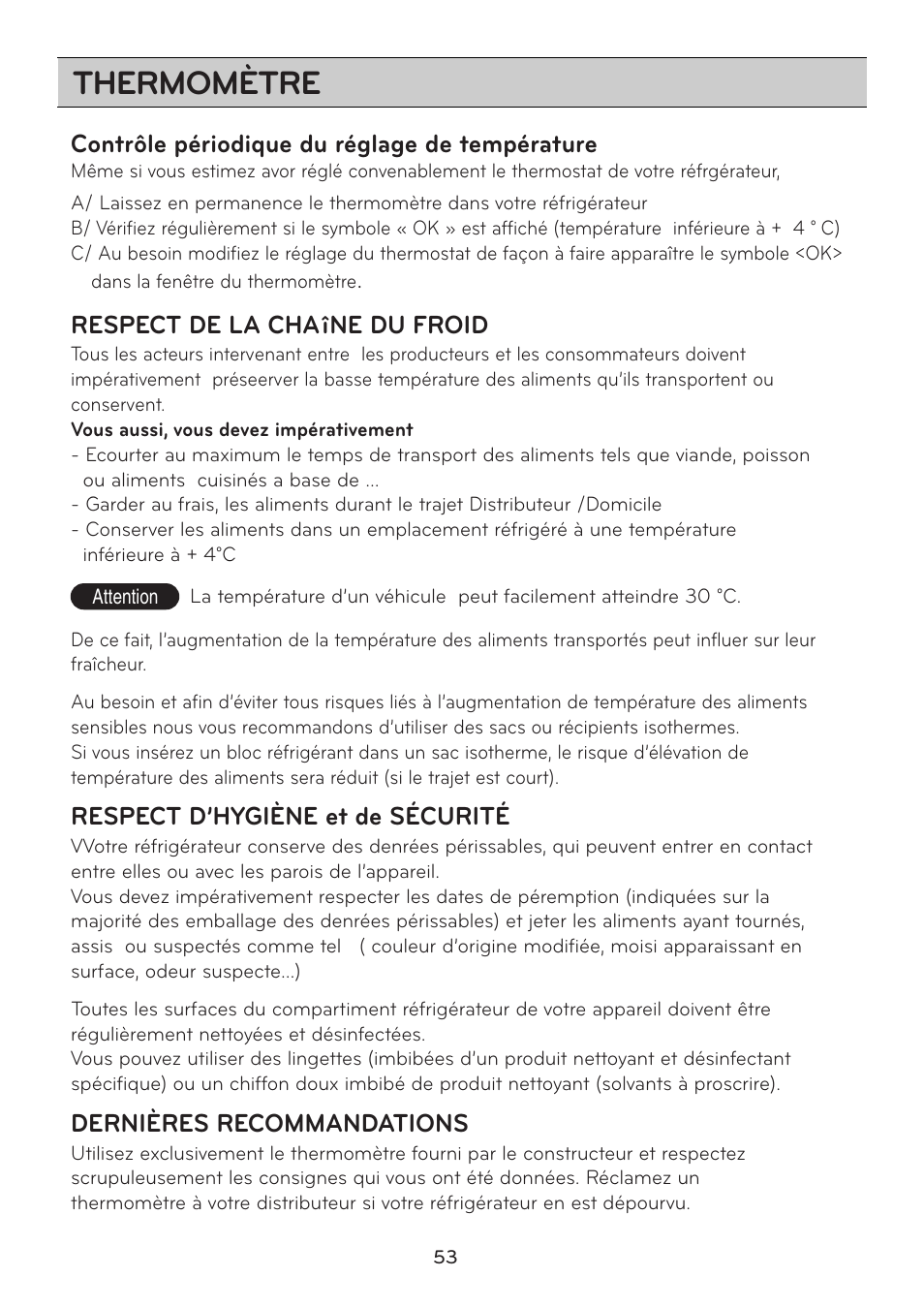 Thermomètre, Contrôle périodique du réglage de température, Respect de la chaîne du froid | Respect d’hygiène et de sécurité, Dernières recommandations | LG GRD7514NS User Manual | Page 53 / 80