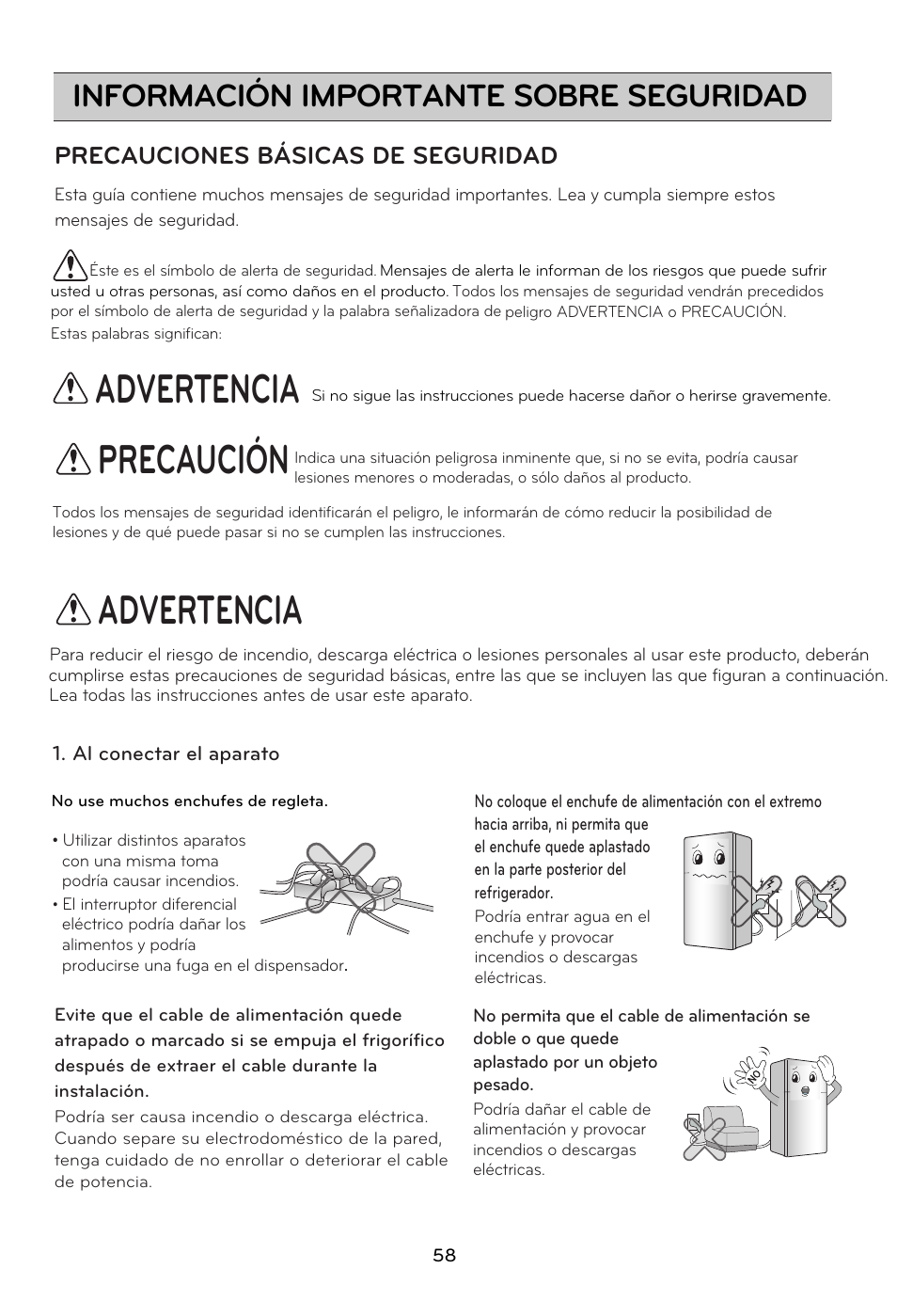 Advertencia precaución, Advertencia, Información importante sobre seguridad | Precauciones básicas de seguridad | LG GRD7514NS User Manual | Page 58 / 80