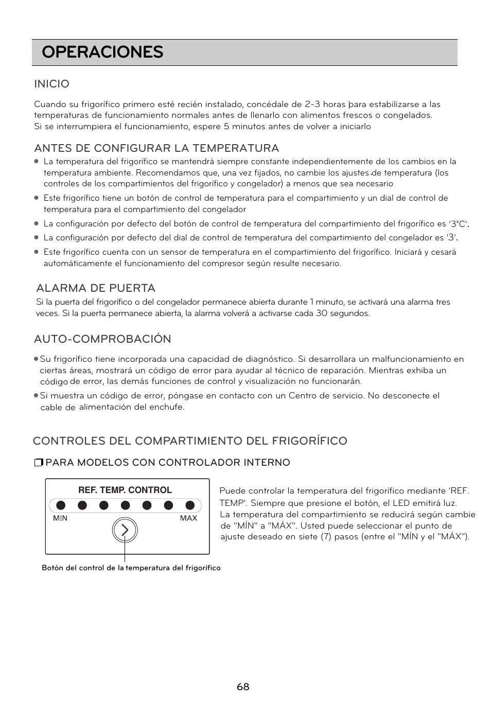 Operaciones, Controles del compartimiento del frigorífico, Alarma de puerta | Auto-comprobación, Inicio, Antes de configurar la temperatura | LG GRD7514NS User Manual | Page 68 / 80
