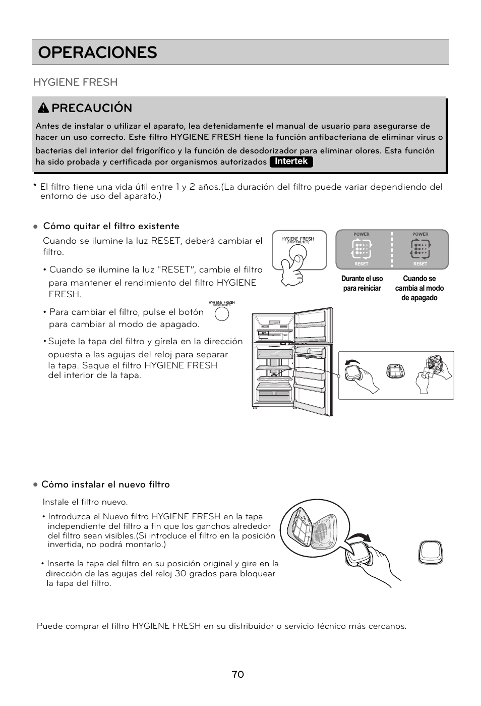 Operaciones, Precaución, Hygiene fresh | LG GRD7514NS User Manual | Page 70 / 80