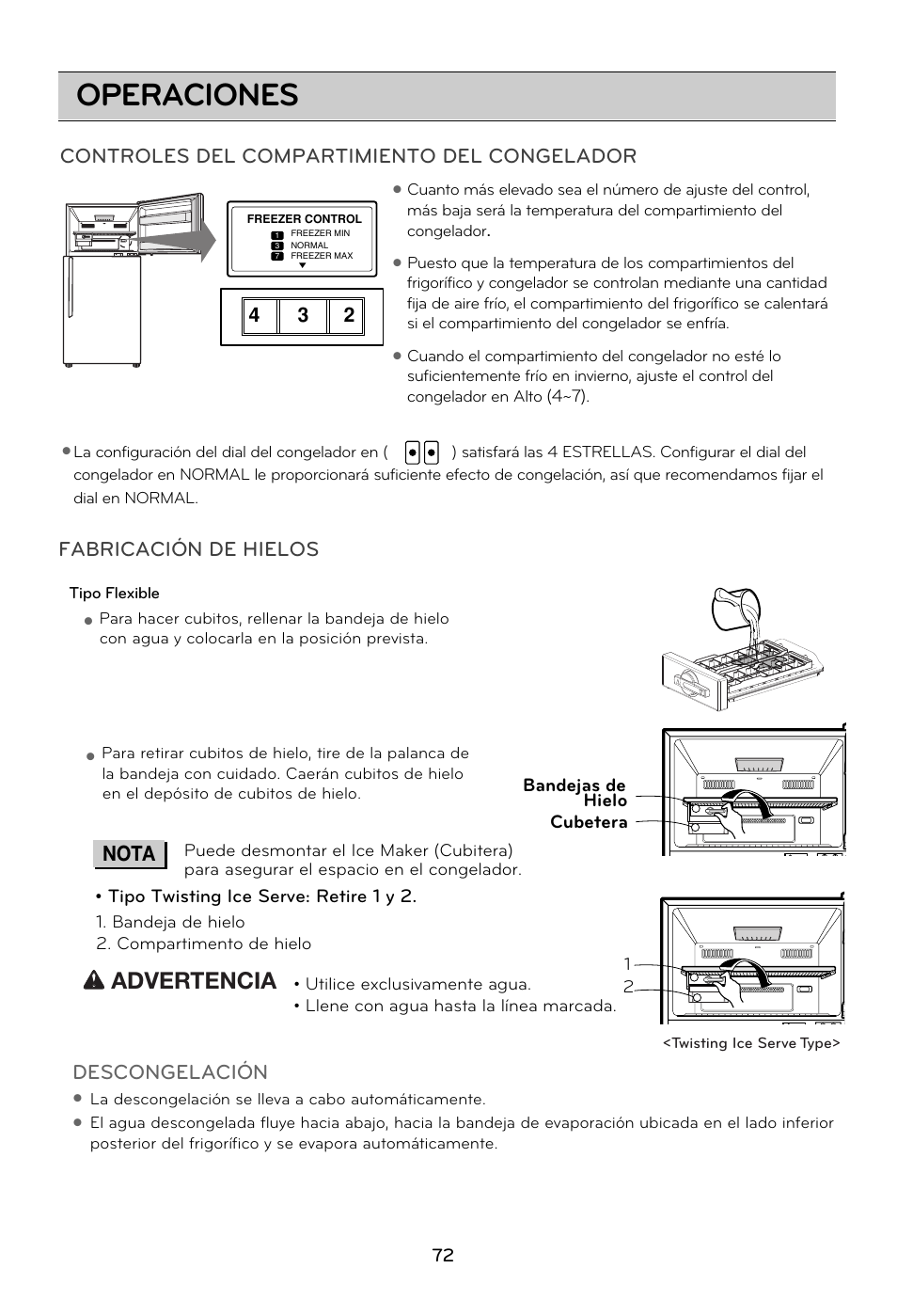 Operaciones, Wadvertencia, Fabricación de hielos | Controles del compartimiento del congelador, Escongelación d nota | LG GRD7514NS User Manual | Page 72 / 80