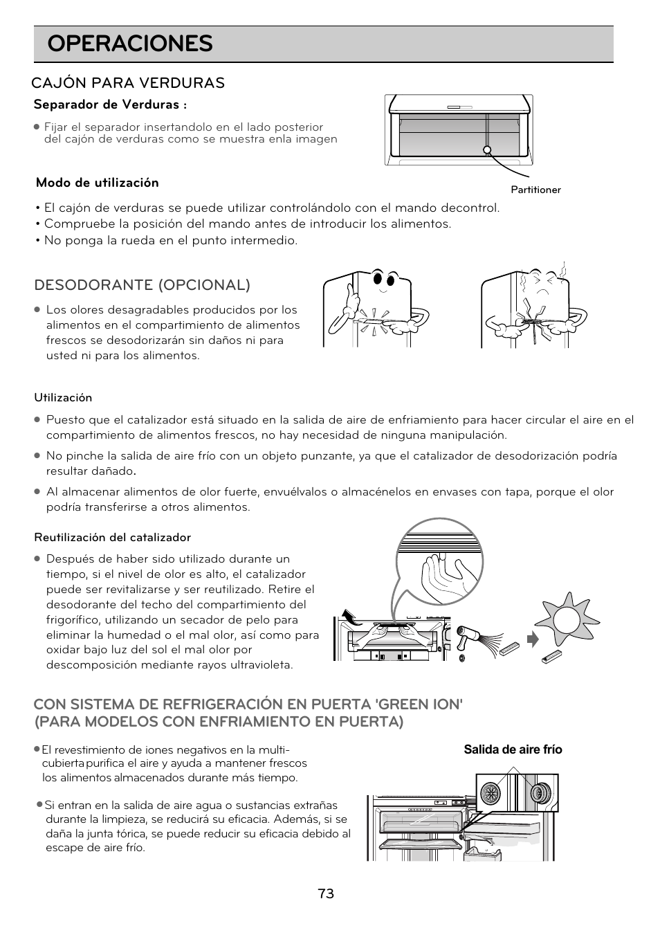 Operaciones, Desodorante (opcional), Para modelos con enfriamiento en puerta) | LG GRD7514NS User Manual | Page 73 / 80