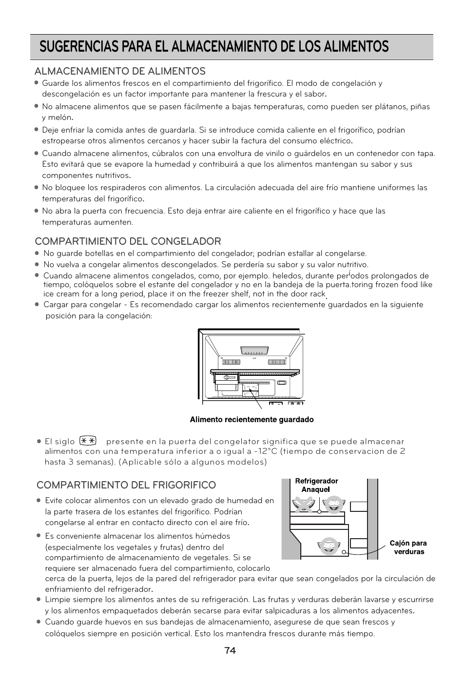 Almacenamiento de alimentos, Compartimiento del congelador, Compartimiento del frigorifico | LG GRD7514NS User Manual | Page 74 / 80