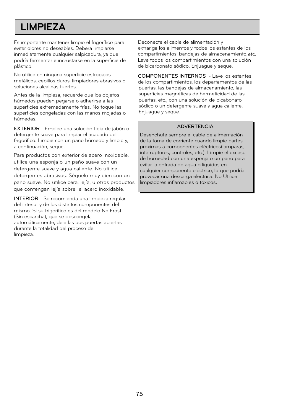 Limpieza | LG GRD7514NS User Manual | Page 75 / 80