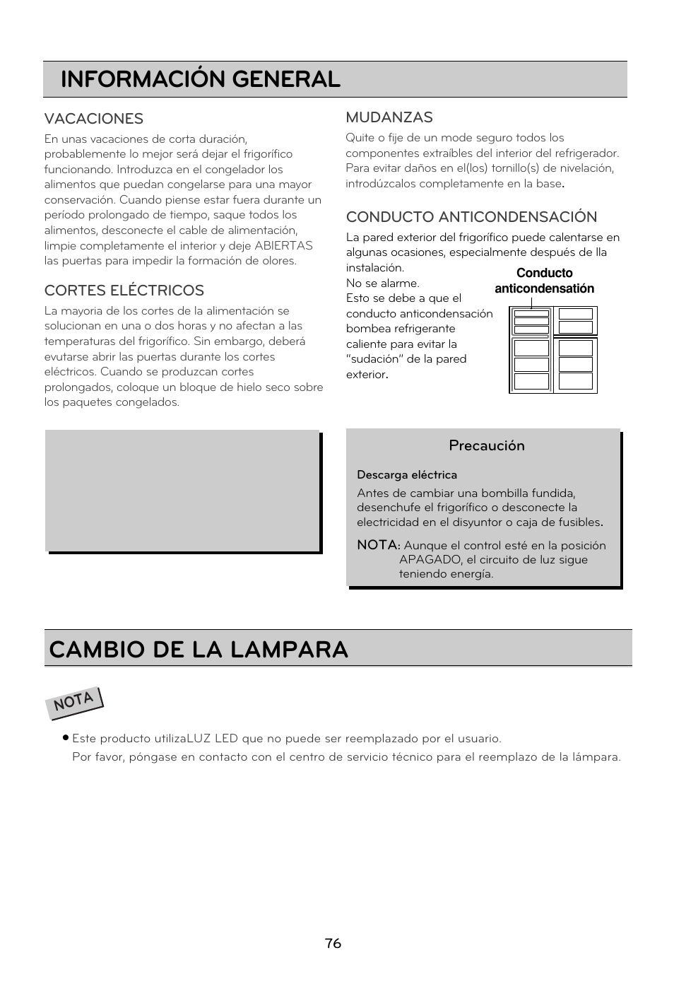 Información general, Cambio de la lampara | LG GRD7514NS User Manual | Page 76 / 80