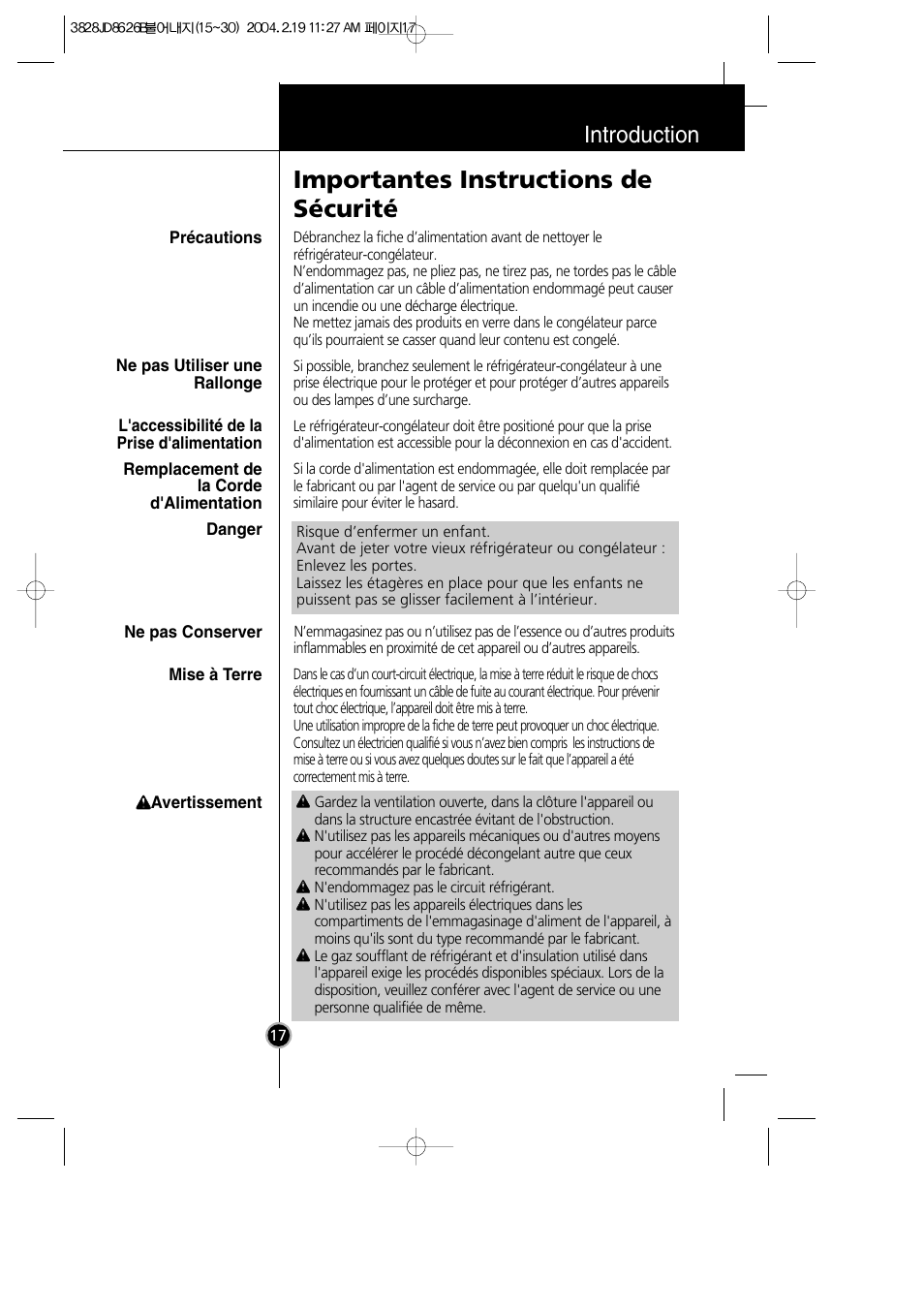 Importantes instructions de sécurité, Introduction | LG GR-399SLQA User Manual | Page 18 / 44