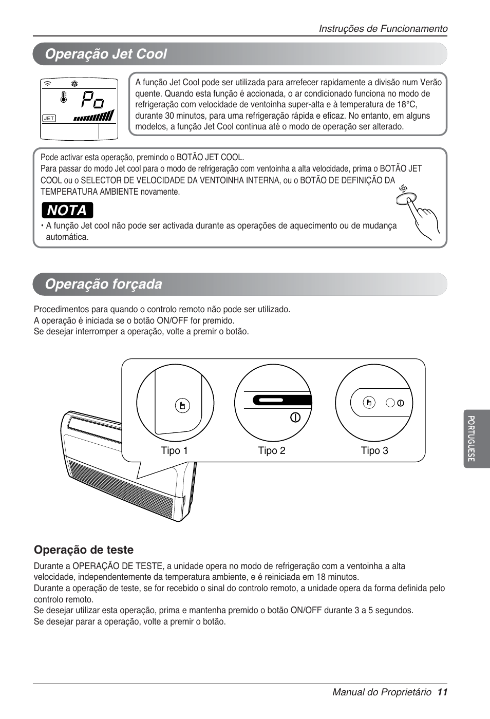 Nota, Operação jet cool, Operação forçada | LG UV18 NBC User Manual | Page 107 / 305