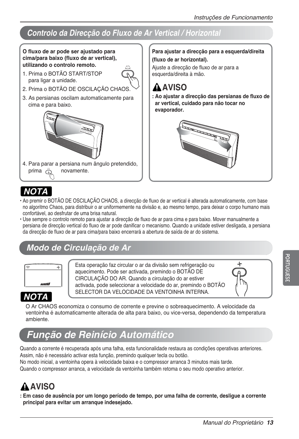 Função de reinício automático, Aviso, Nota | Modo de circulação de ar | LG UV18 NBC User Manual | Page 109 / 305
