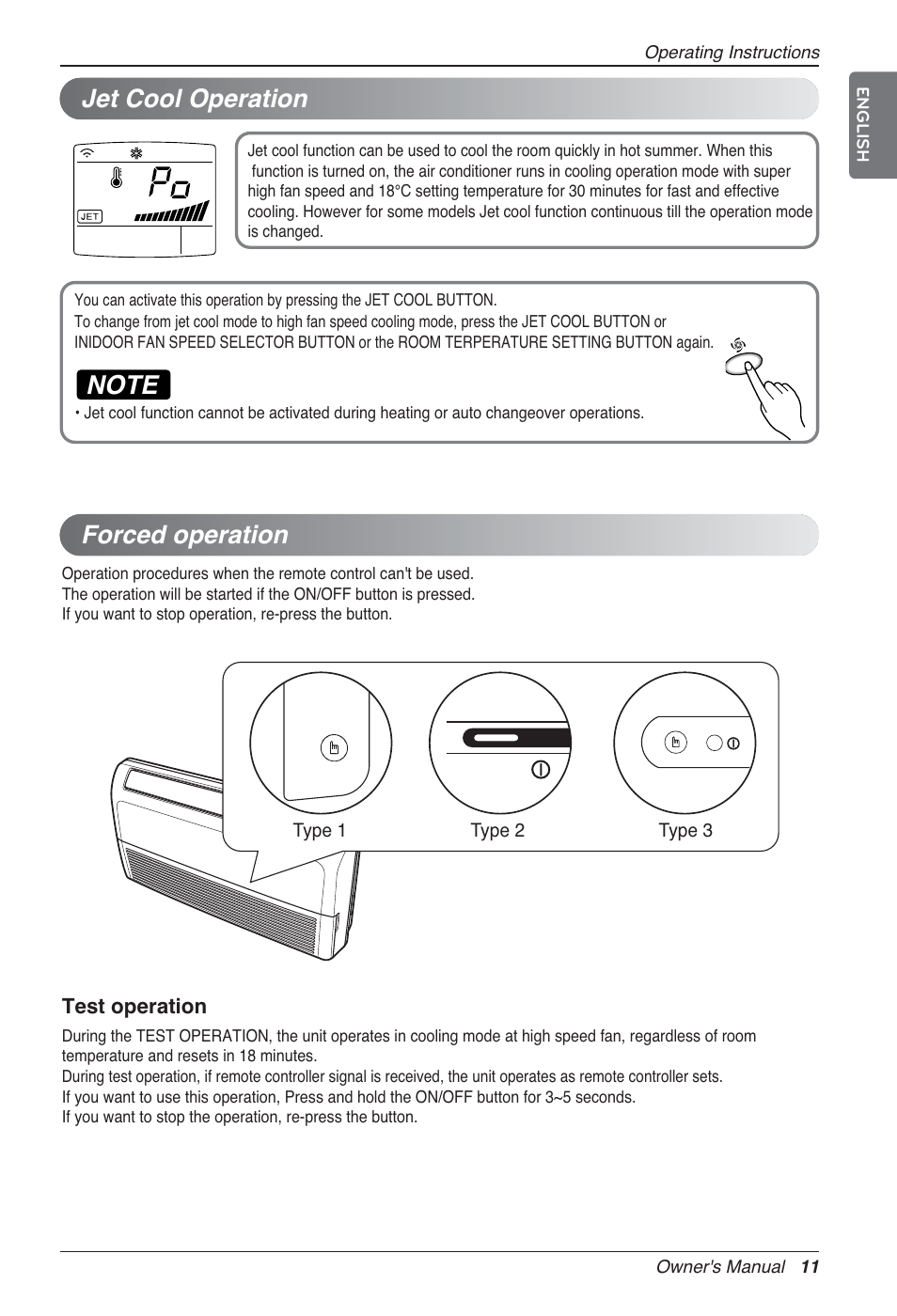 Jet cool operation, Forced operation | LG UV18 NBC User Manual | Page 11 / 305