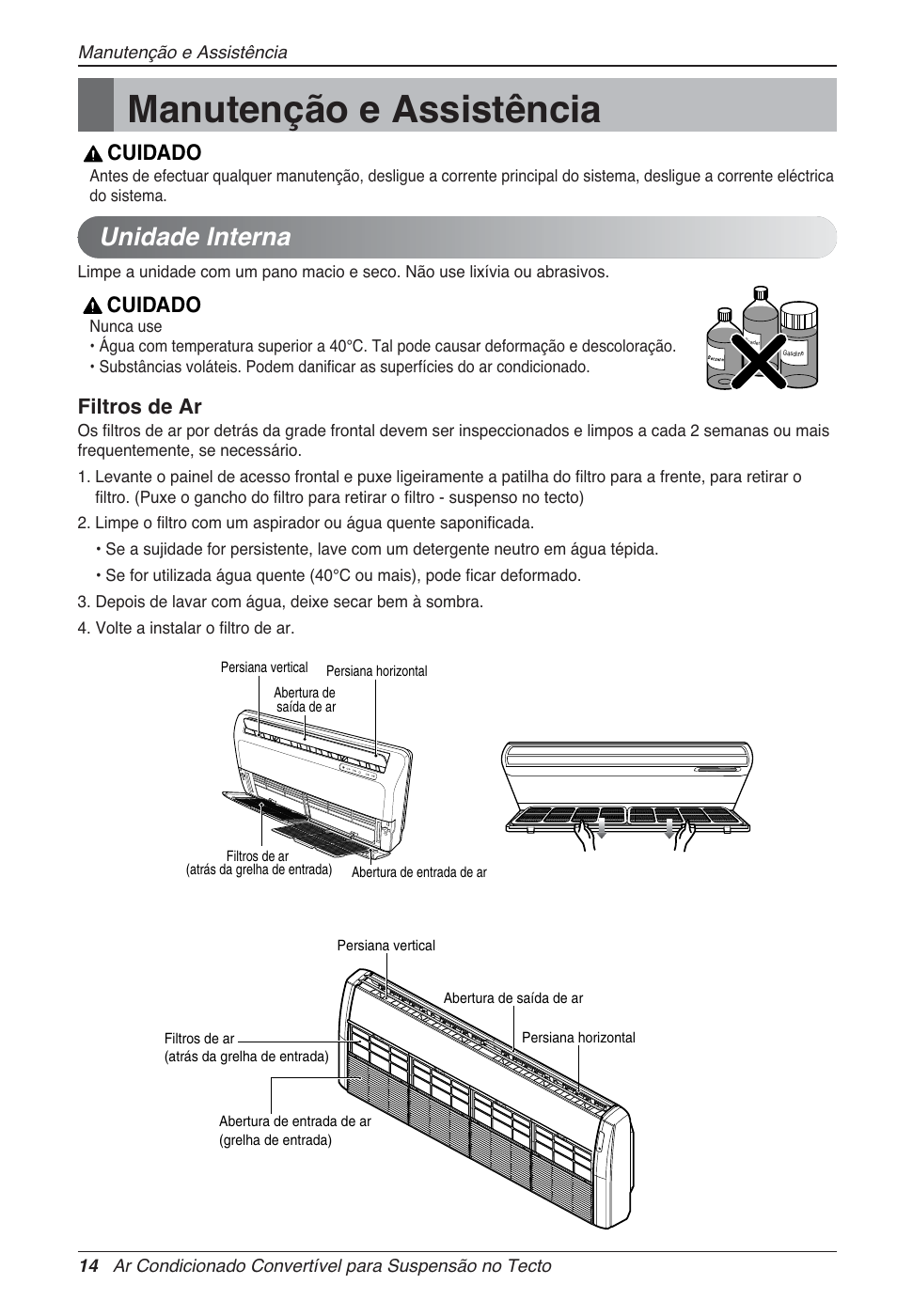 Manutenção e assistência, Unidade interna, Cuidado | Filtros de ar | LG UV18 NBC User Manual | Page 110 / 305