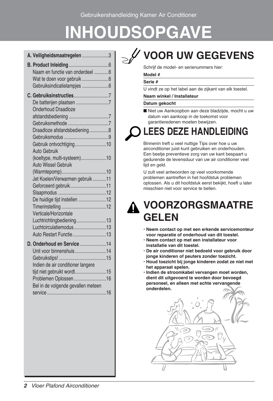 Inhoudsopgave, Voor uw gegevens, Lees deze handleiding | Voorzorgsmaatre gelen | LG UV18 NBC User Manual | Page 114 / 305