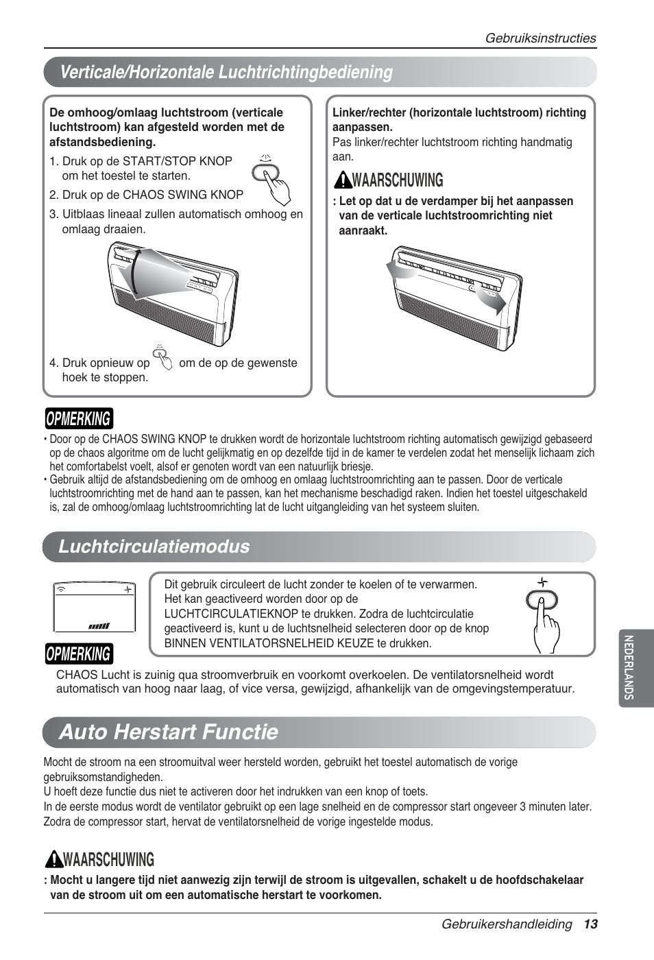 Auto herstart functie, Waarschuwing, Opmerking | Verticale/horizontale luchtrichtingbediening, Luchtcirculatiemodus | LG UV18 NBC User Manual | Page 125 / 305