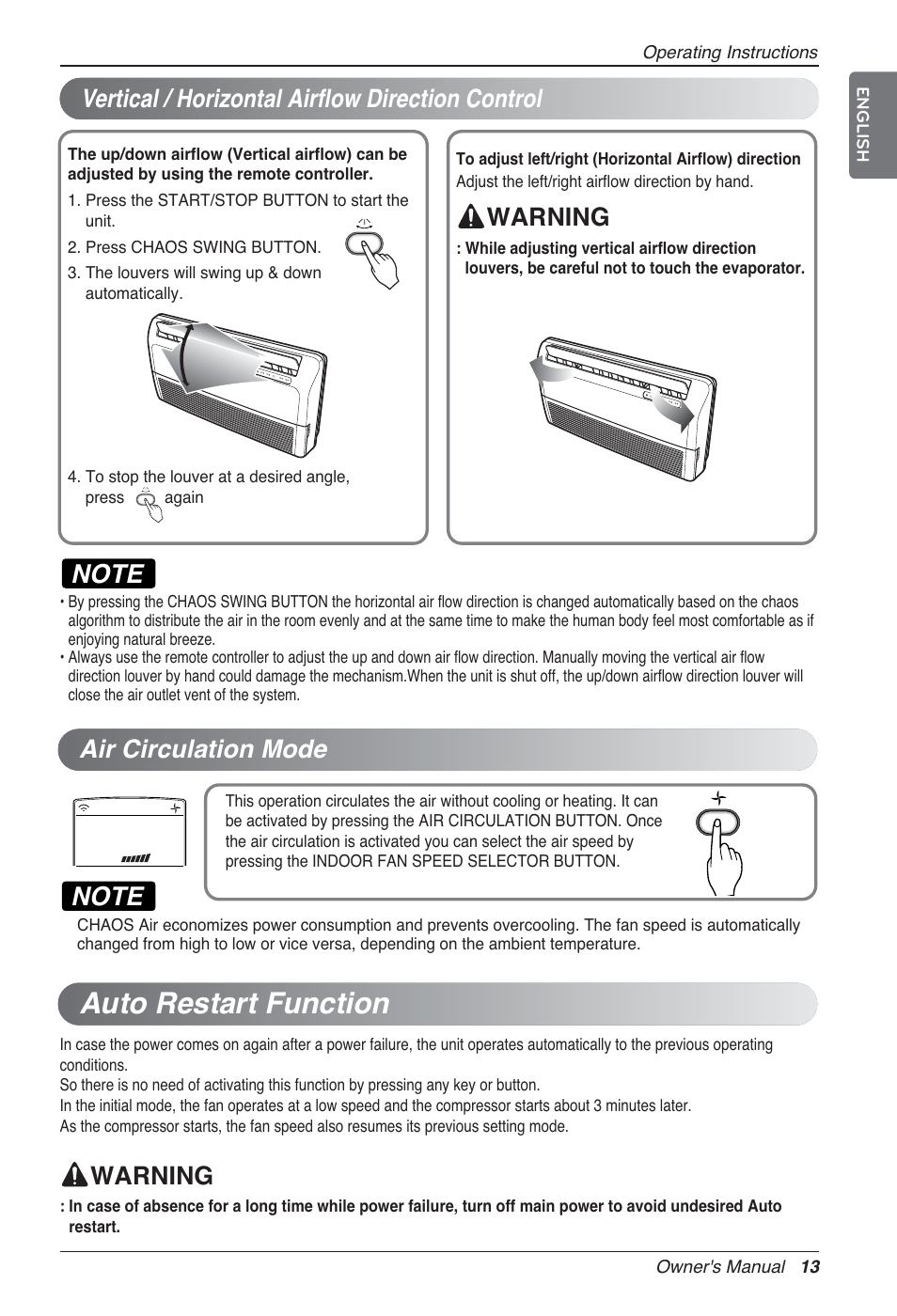 Auto restart function, Warning, Vertical / horizontal airflow direction control | Warning air circulation mode | LG UV18 NBC User Manual | Page 13 / 305
