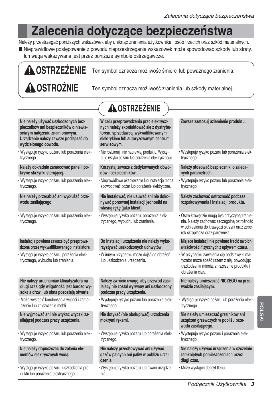 Zalecenia dotyczące bezpieczeństwa, Ostrzeżenie ostrożnie, Ostrzeżenie | LG UV18 NBC User Manual | Page 131 / 305