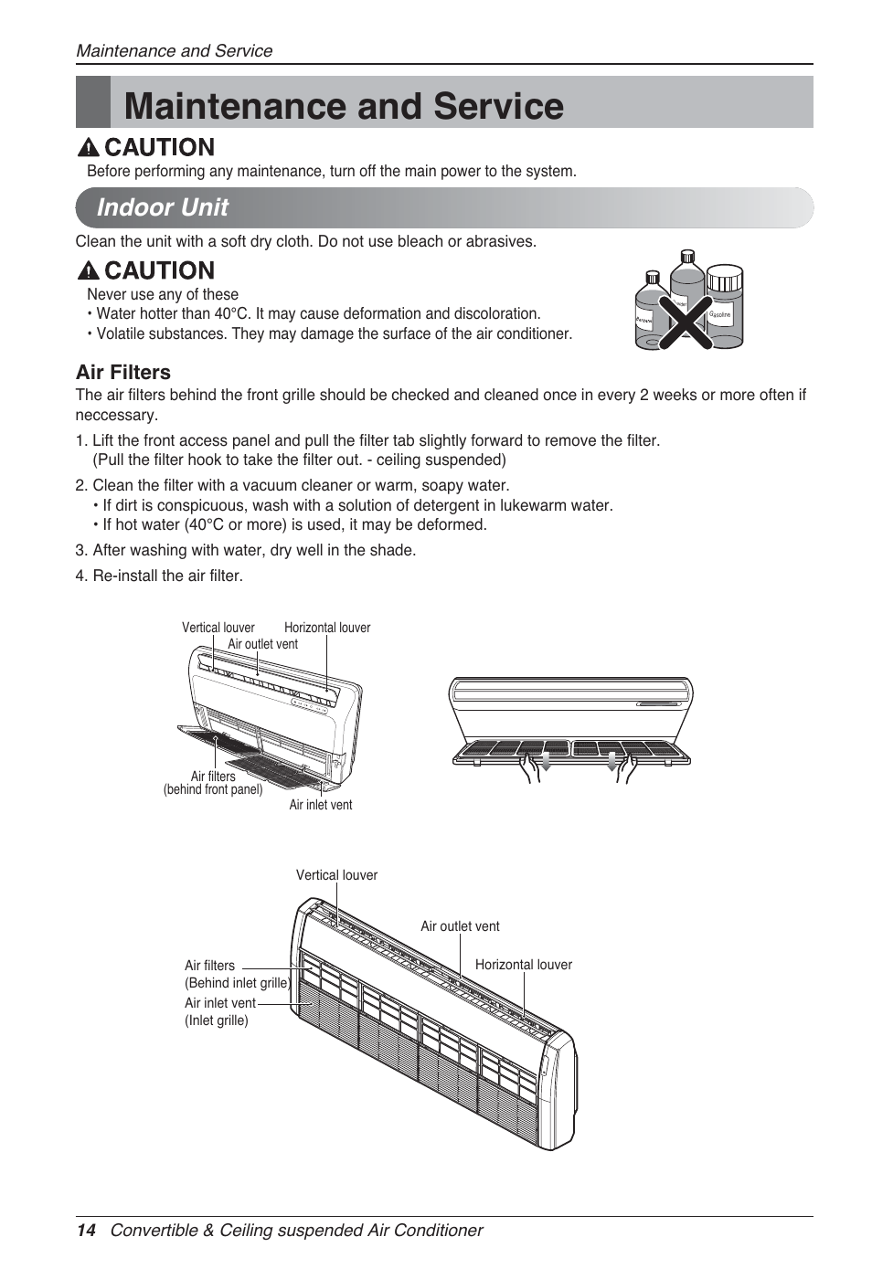 Maintenance and service, Indoor unit, Air filters | LG UV18 NBC User Manual | Page 14 / 305