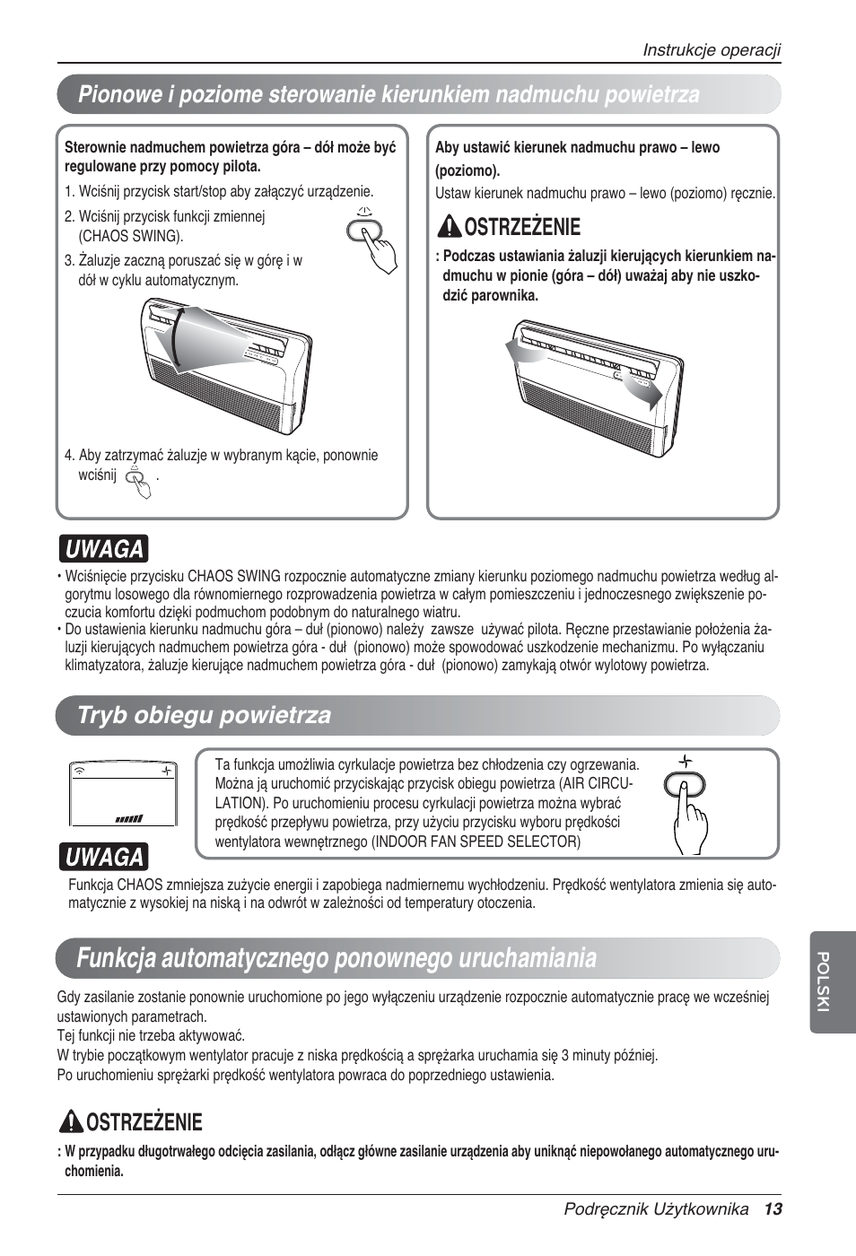 Funkcja automatycznego ponownego uruchamiania, Ostrzeżenie, Ostrzeżenie tryb obiegu powietrza | LG UV18 NBC User Manual | Page 141 / 305
