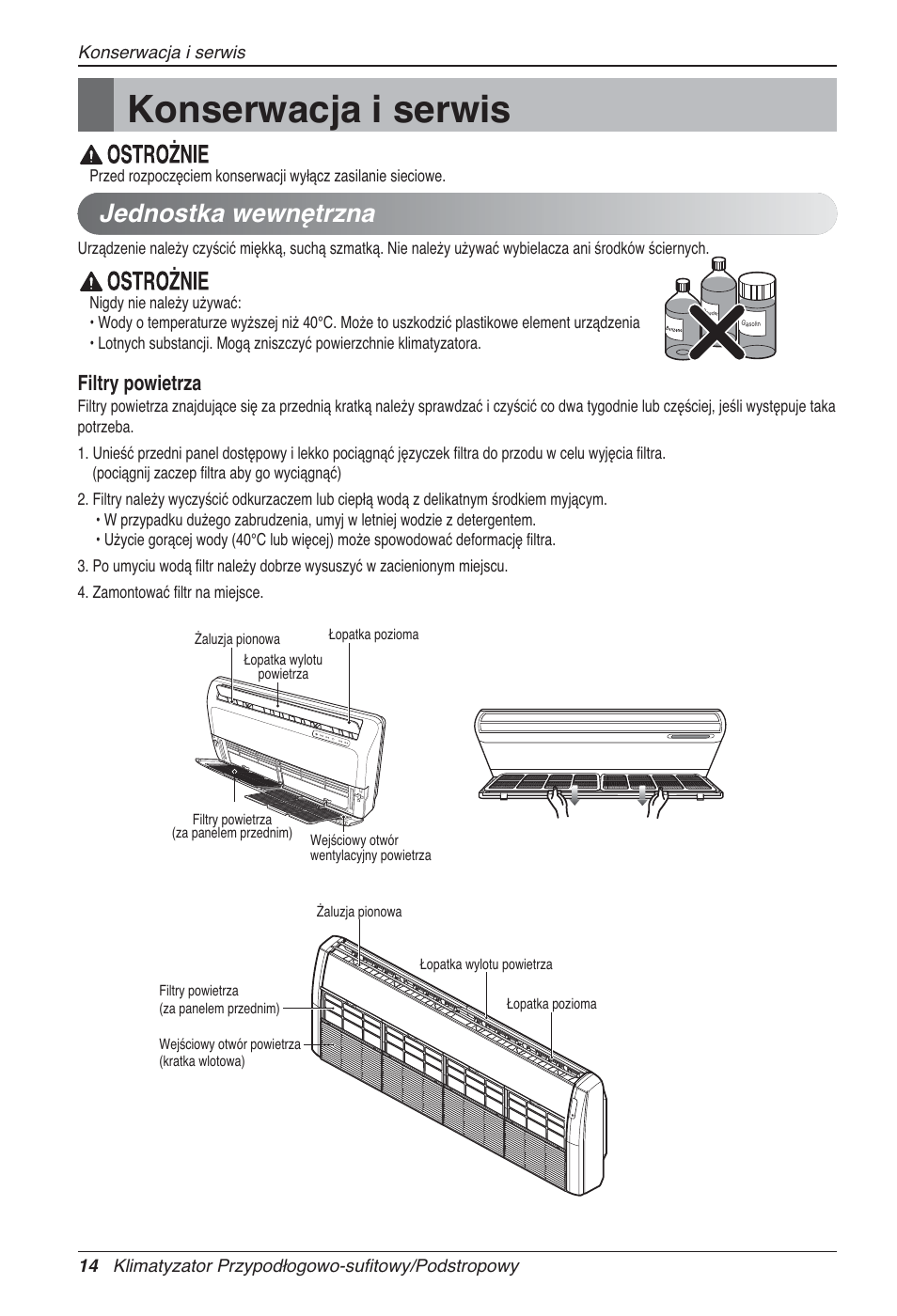 Konserwacja i serwis, Jednostka wewnętrzna, Filtry powietrza | LG UV18 NBC User Manual | Page 142 / 305