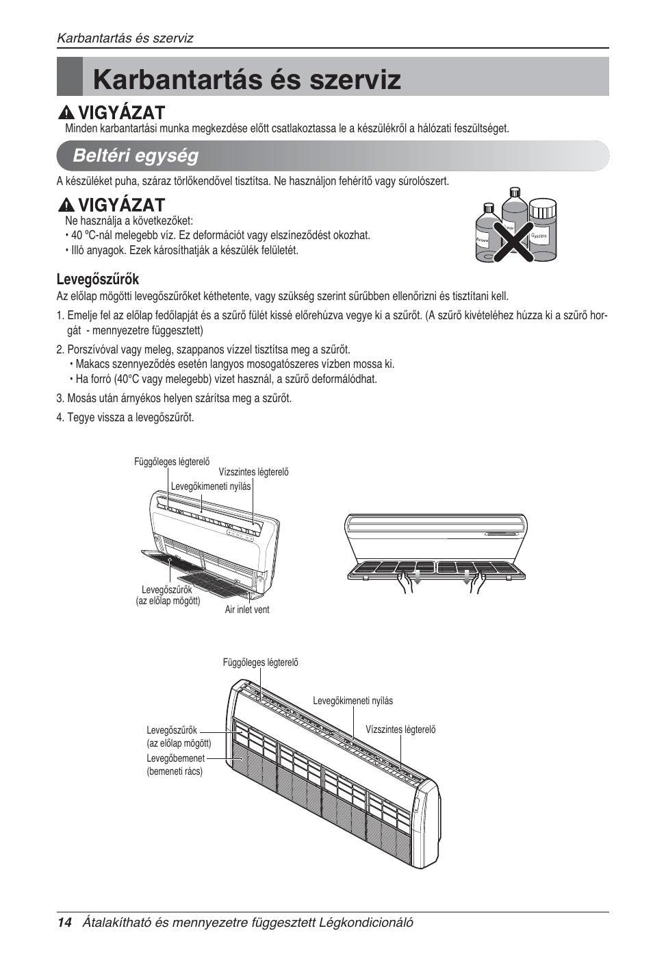 Karbantartás és szerviz, Beltéri egység, Levegőszűrők | LG UV18 NBC User Manual | Page 158 / 305