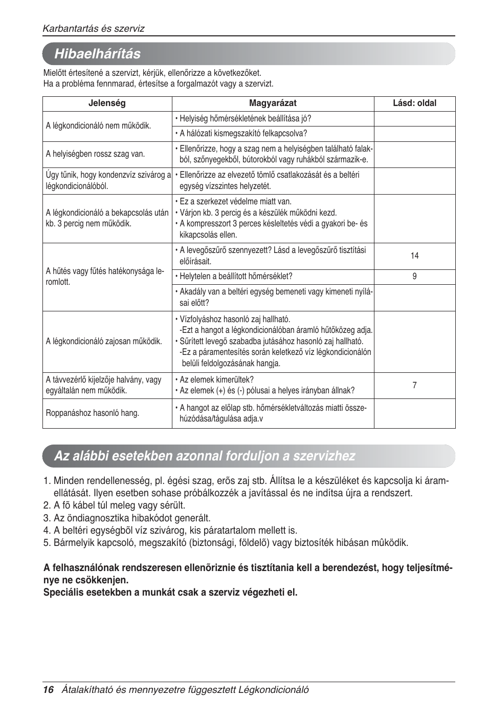 Hibaelhárítás, Az alábbi esetekben azonnal forduljon a szervizhez | LG UV18 NBC User Manual | Page 160 / 305