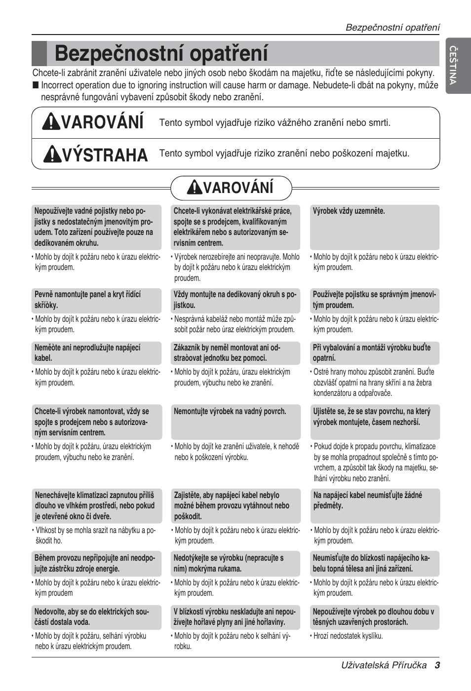 Bezpečnostní opatření, Varování výstraha, Varování | LG UV18 NBC User Manual | Page 163 / 305
