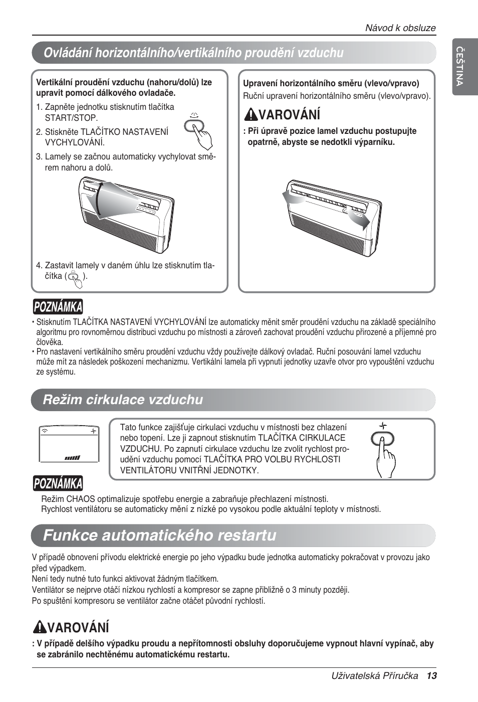 Funkce automatického restartu, Varování, Varování režim cirkulace vzduchu | LG UV18 NBC User Manual | Page 173 / 305