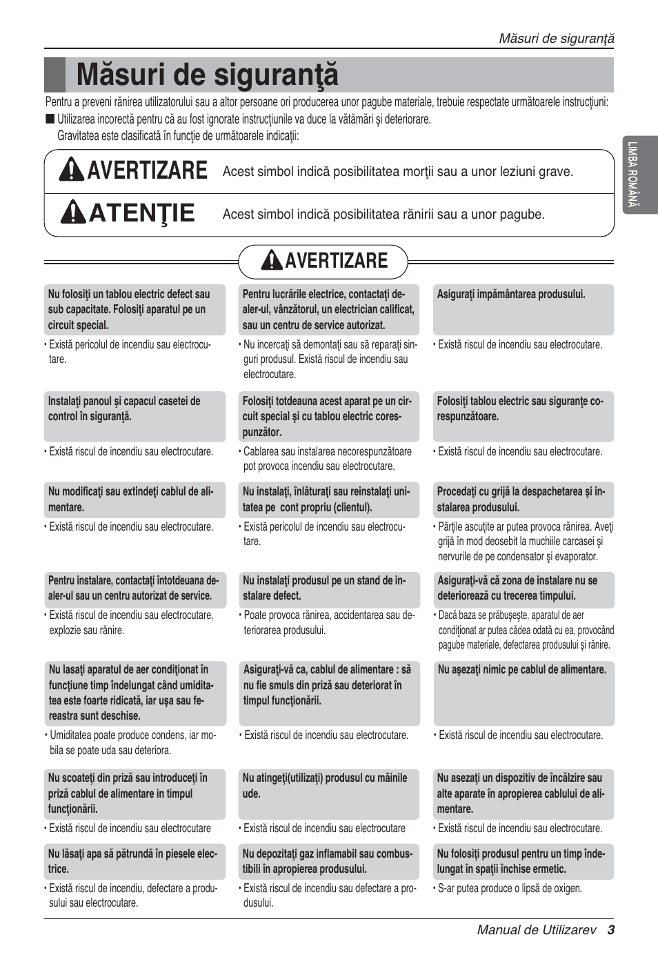 Măsuri de siguranţă, Avertizare atenţie, Avertizare | LG UV18 NBC User Manual | Page 179 / 305