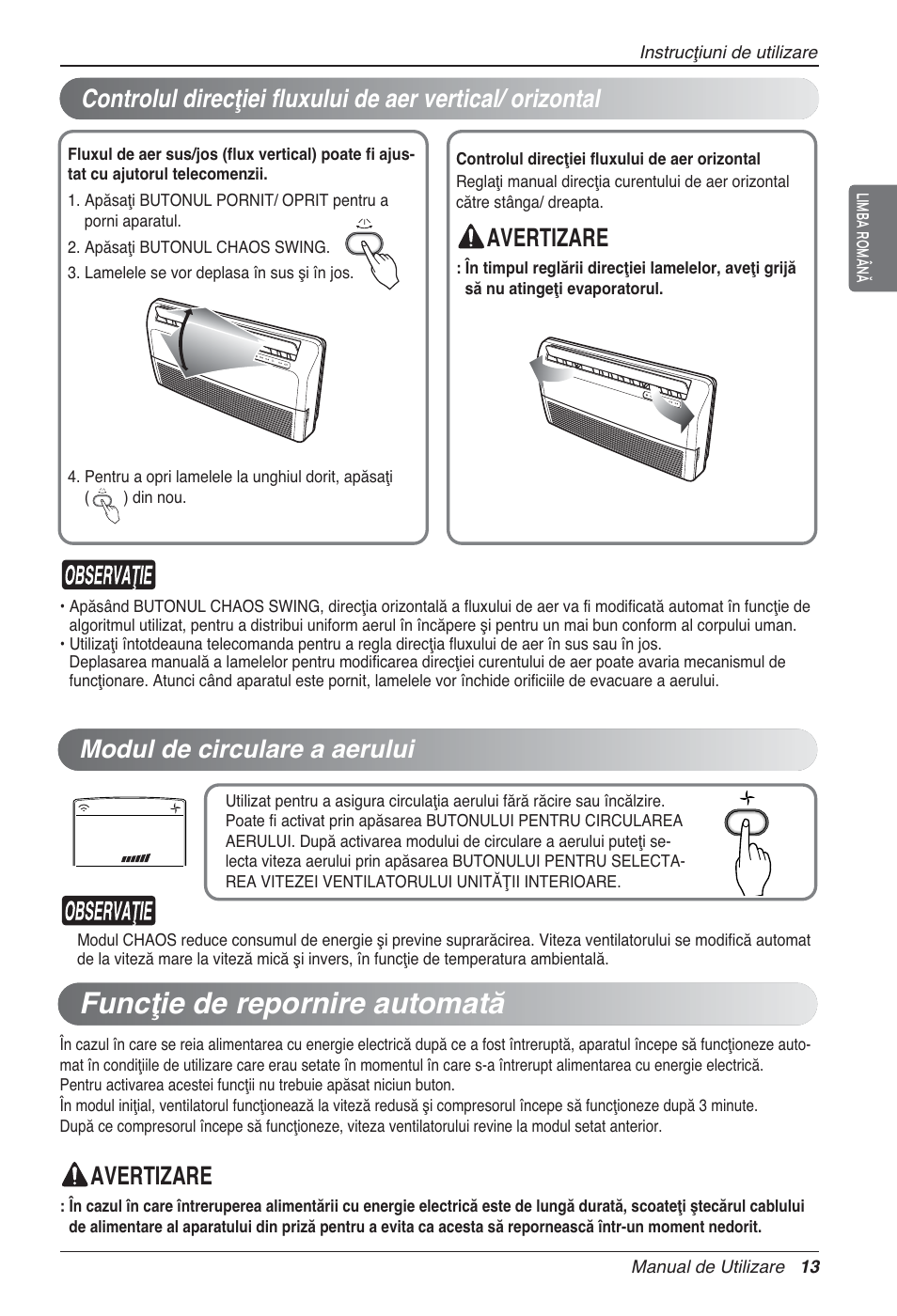 Funcţie de repornire automată, Avertizare, Avertizare modul de circulare a aerului | LG UV18 NBC User Manual | Page 189 / 305