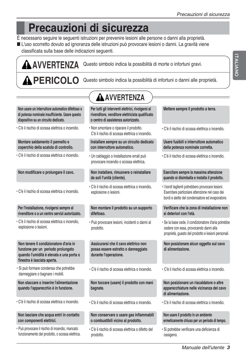 Precauzioni di sicurezza, Avvertenza pericolo, Avvertenza | LG UV18 NBC User Manual | Page 19 / 305
