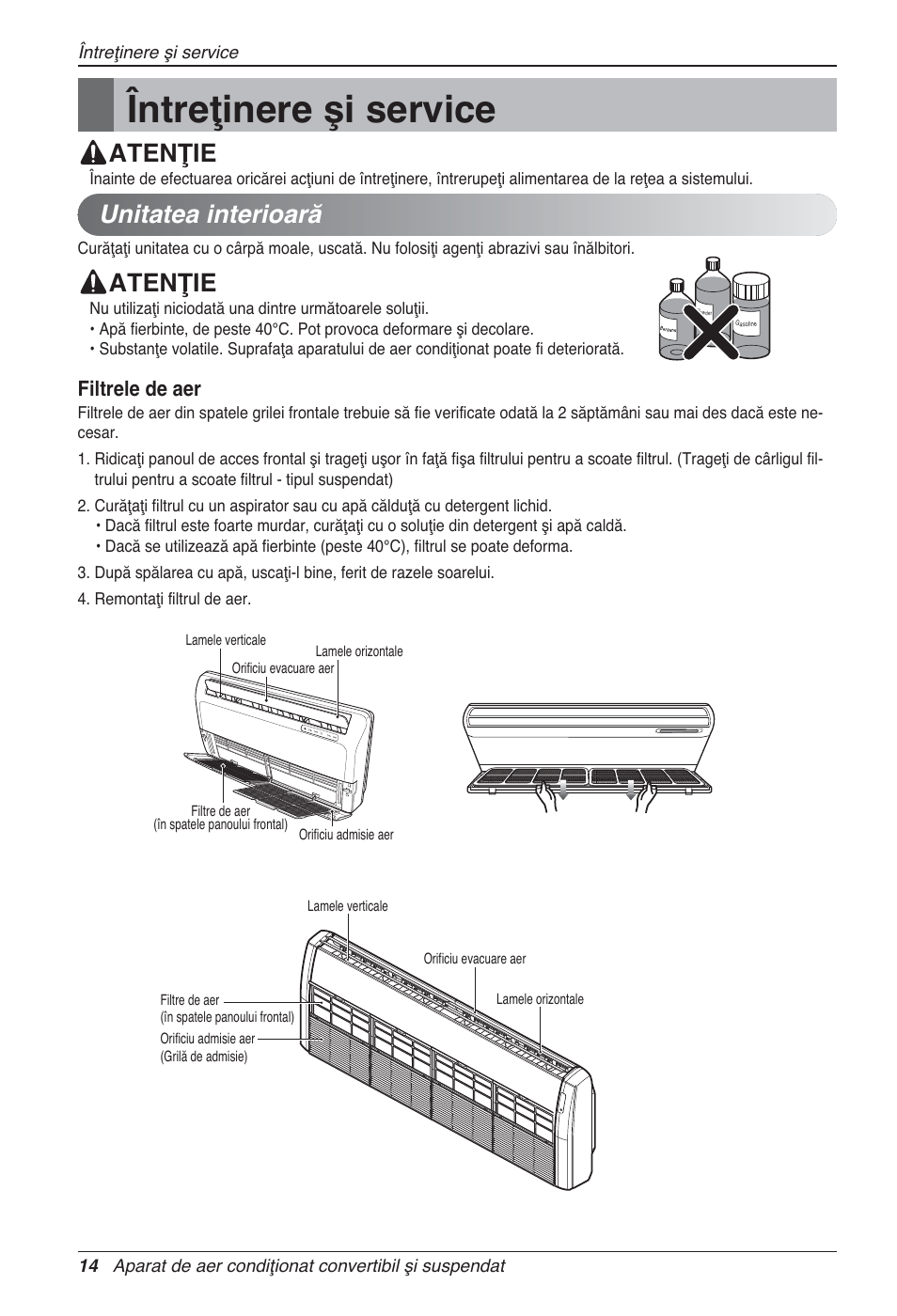 Întreţinere şi service, Unitatea interioară, Atenţie | Filtrele de aer | LG UV18 NBC User Manual | Page 190 / 305