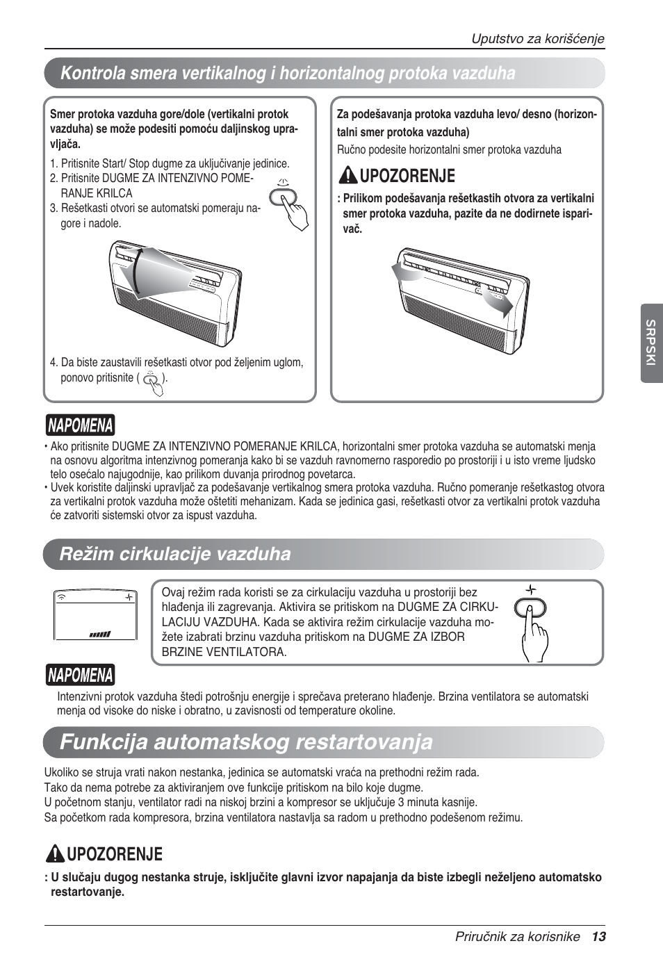 Funkcija automatskog restartovanja, Upozorenje, Upozorenje režim cirkulacije vazduha | LG UV18 NBC User Manual | Page 221 / 305