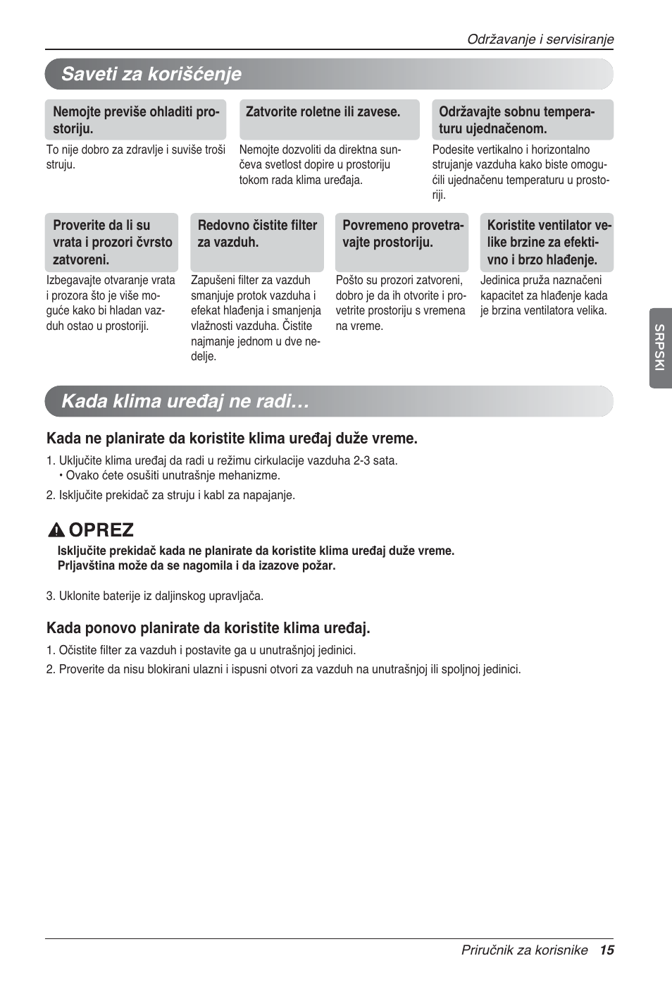 Saveti za korišćenje kada klima uređaj ne radi | LG UV18 NBC User Manual | Page 223 / 305