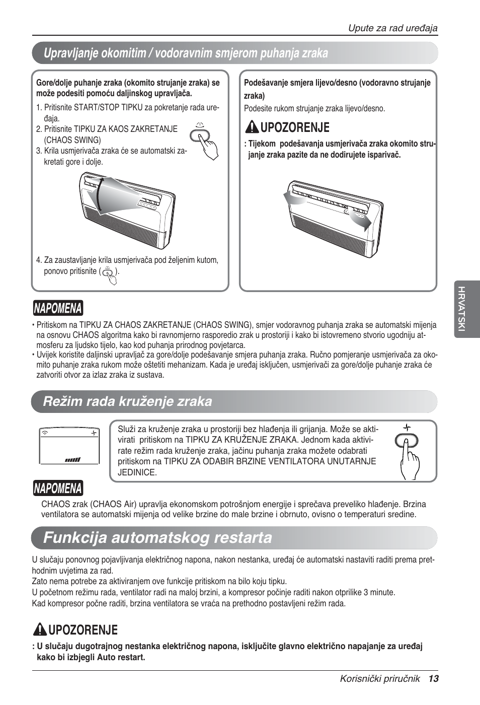 Funkcija automatskog restarta, Upozorenje, Upozorenje režim rada kruženje zraka | LG UV18 NBC User Manual | Page 237 / 305