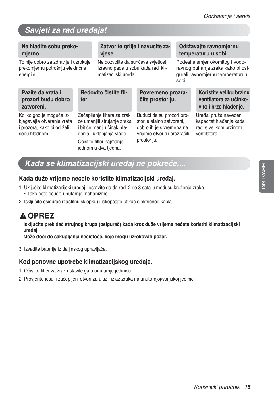 Kada se klimatizacijski uređaj ne pokreće, Savjeti za rad uređaja | LG UV18 NBC User Manual | Page 239 / 305