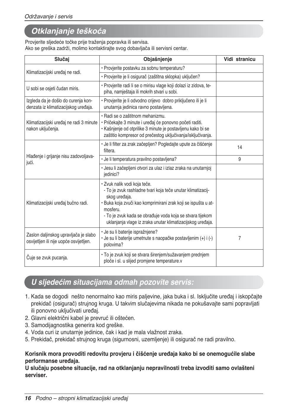 Otklanjanje teškoća, U sljedećim situacijama odmah pozovite servis | LG UV18 NBC User Manual | Page 240 / 305