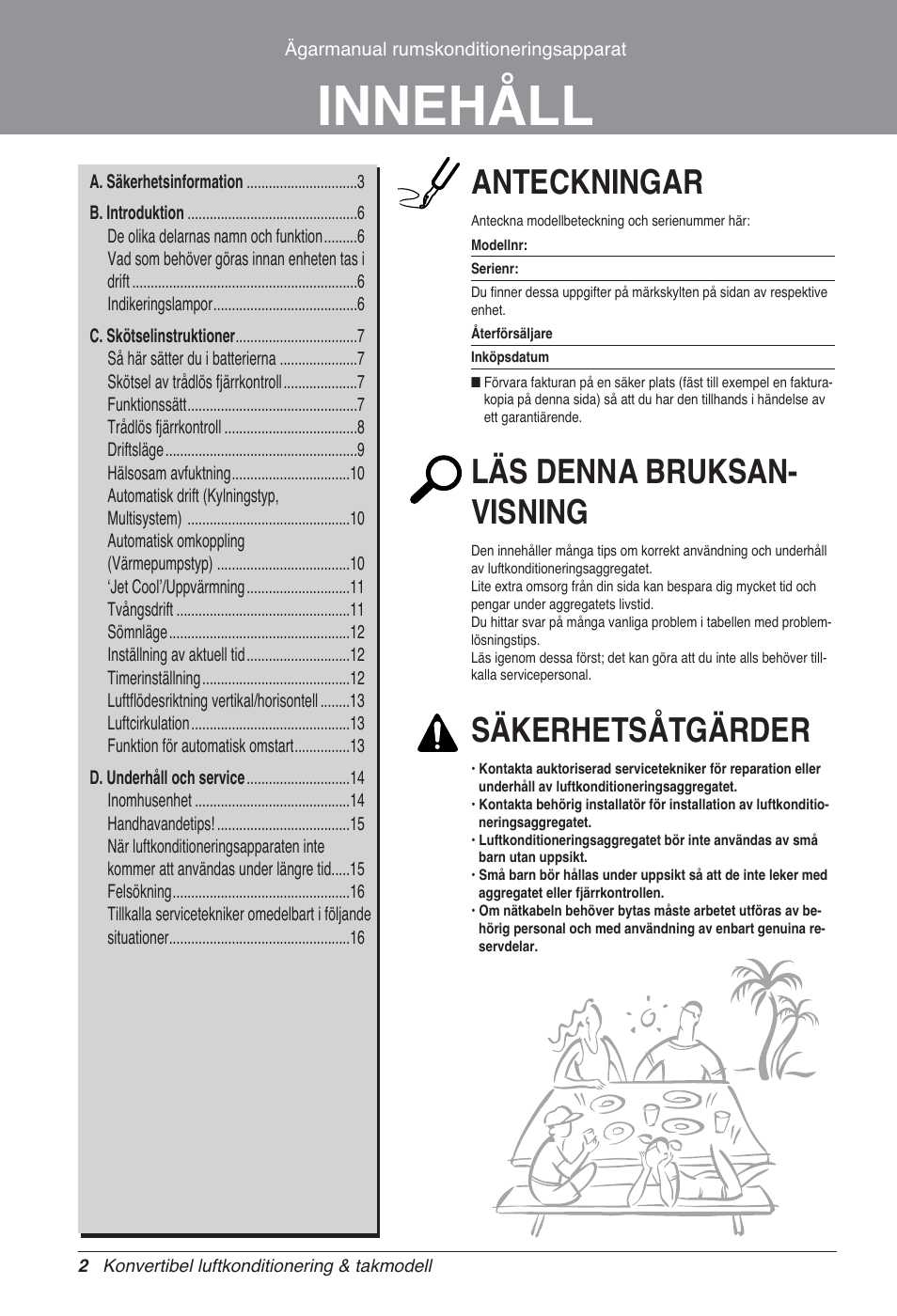 Innehåll, Anteckningar, Läs denna bruksan- visning | Säkerhetsåtgärder | LG UV18 NBC User Manual | Page 242 / 305