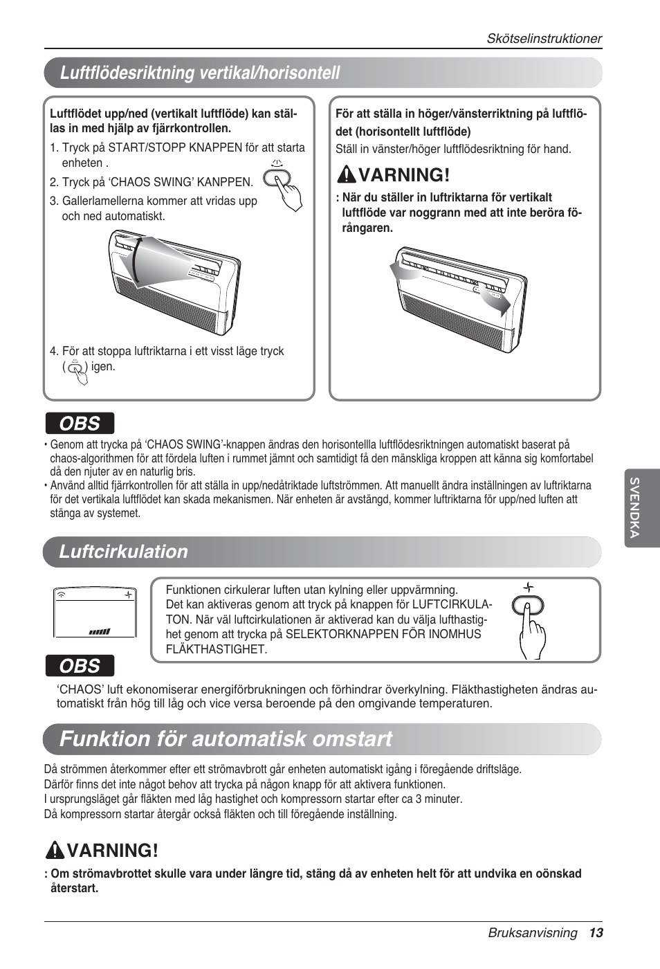 Funktion för automatisk omstart, Varning, Luftflödesriktning vertikal/horisontell | Varning! luftcirkulation | LG UV18 NBC User Manual | Page 253 / 305