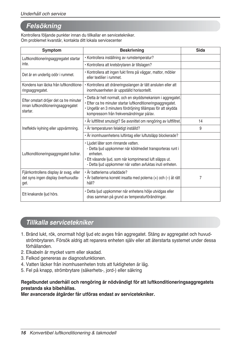 Felsökning, Tillkalla servicetekniker | LG UV18 NBC User Manual | Page 256 / 305