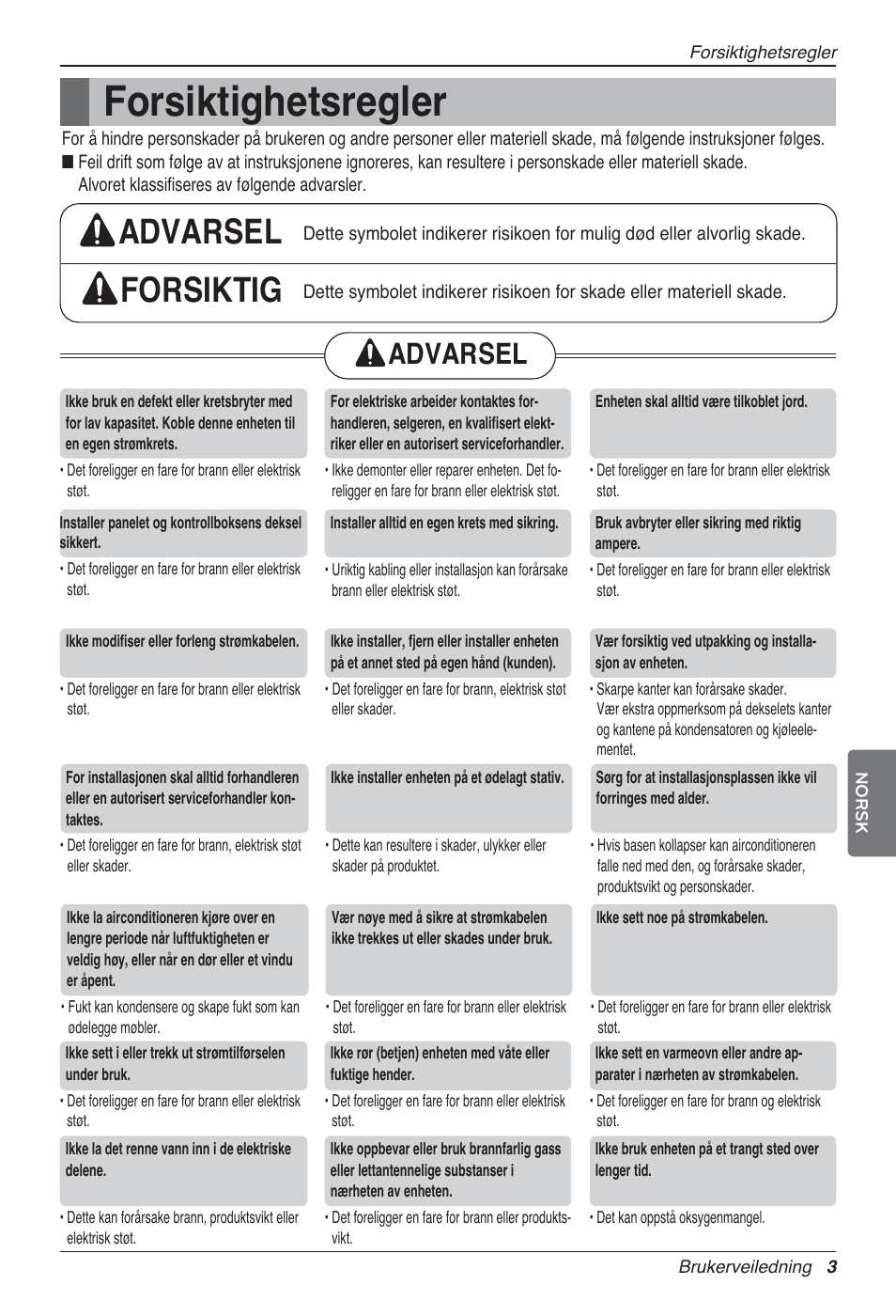 Forsiktighetsregler, Advarsel forsiktig, Advarsel | LG UV18 NBC User Manual | Page 259 / 305