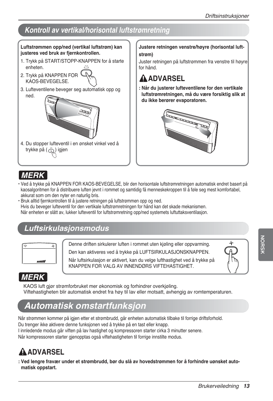 Automatisk omstartfunksjon, Advarsel, Kontroll av vertikal/horisontal luftstrømretning | Advarsel luftsirkulasjonsmodus | LG UV18 NBC User Manual | Page 269 / 305