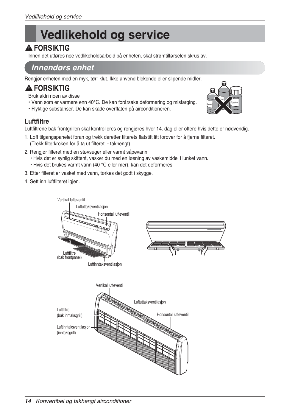 Vedlikehold og service, Innendørs enhet, Luftfiltre | LG UV18 NBC User Manual | Page 270 / 305